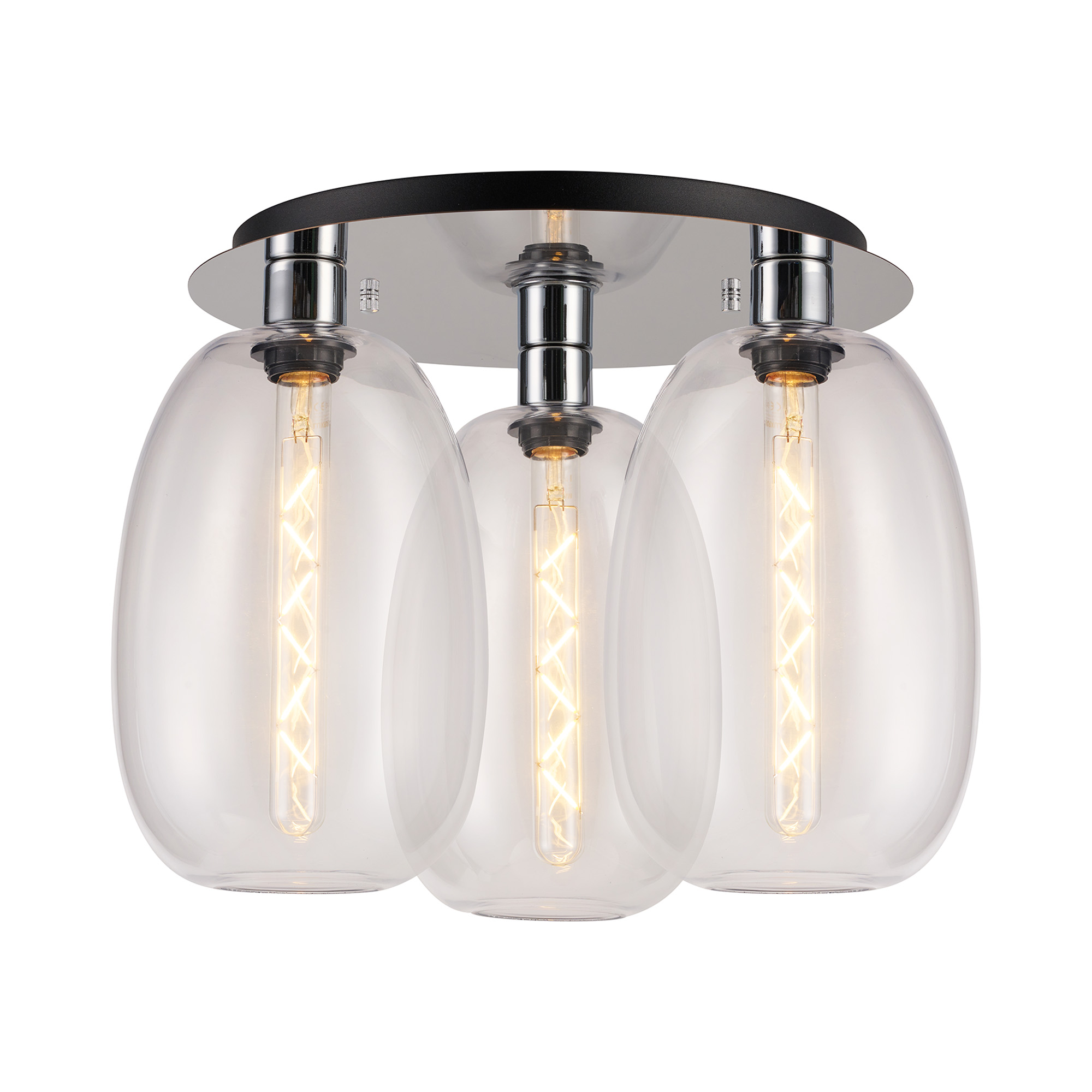 DK1342  Lori 40cm Round Ceiling Flush, 3 Light Flush Fitting, Polished Chrome/Clear Slim Curved Trapezium Shades